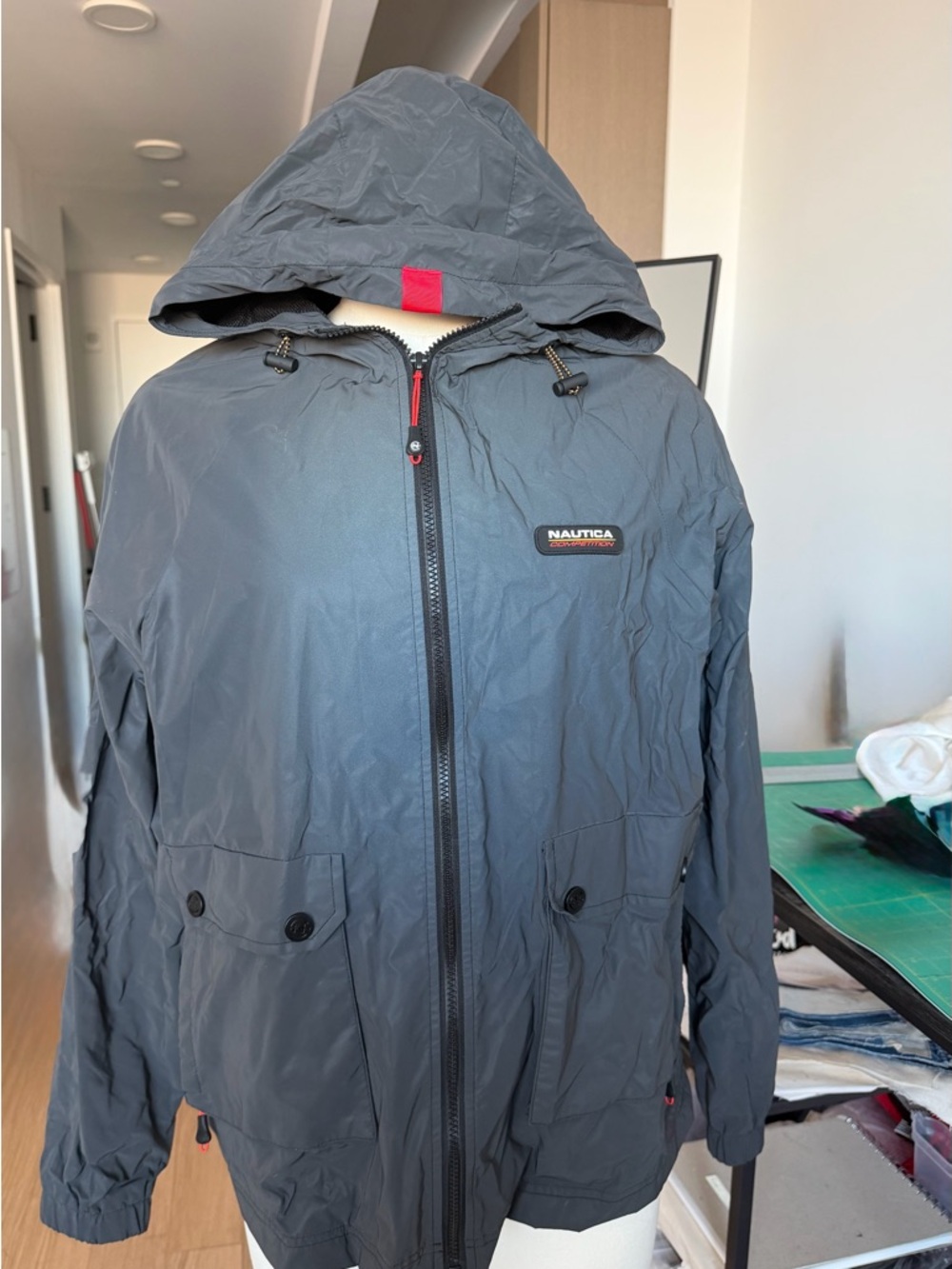 Nautica Men's Hooded Windbreaker Jacket in Charcoal Gray